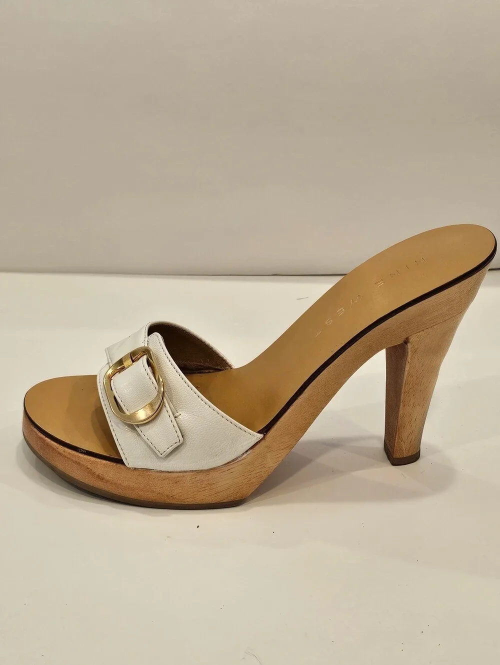 Y2K Nine West Vintage White Leather Wooden Platform Heels 6